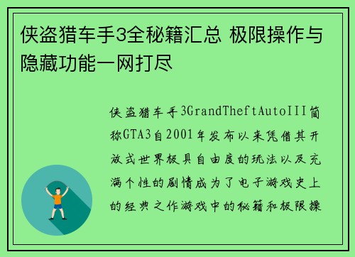 侠盗猎车手3全秘籍汇总 极限操作与隐藏功能一网打尽
