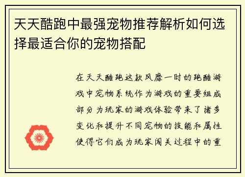 天天酷跑中最强宠物推荐解析如何选择最适合你的宠物搭配